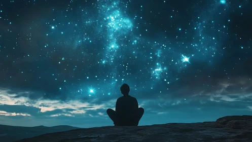 Solitary figure observing expansive starry night sky.