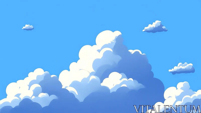 Cartoon cumulus cloudscape under clear bright blue sky.