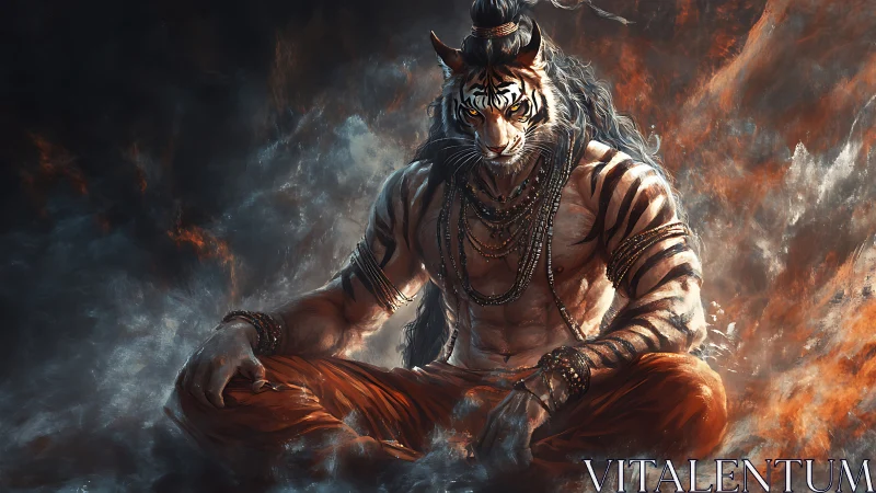 Tiger sage in swirling embers of quiet cosmic power.