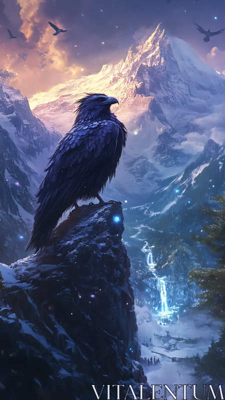 Raven overlooking icy mountains and glowing valley at dusk.