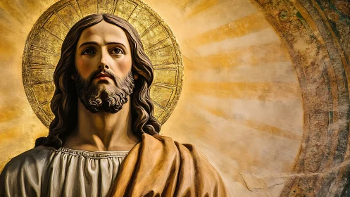 Radiant sacred portrait of Christ bathed in golden light