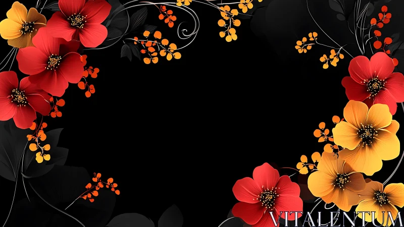 Floral arrangement with red and yellow flowers on black background.