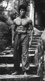 Martial artist poised on stone steps in moody monochrome.