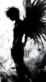 Silhouetted winged figure rendered in stark monochrome contrast