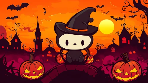 Cute black cat witch on stylized Halloween bridge at sunset