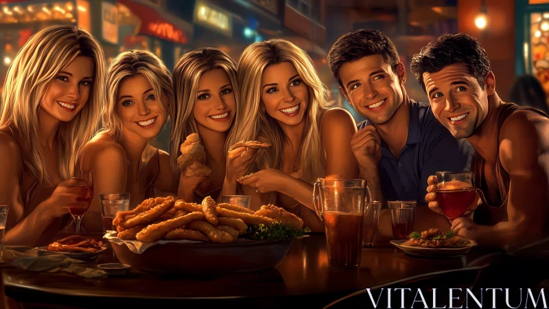 Golden-hour friends share laughter over glowing bar feast.