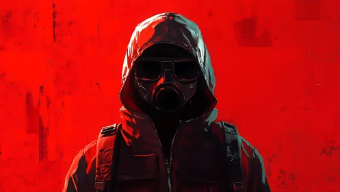 Hooded figure in gas mask rendered against stark red field