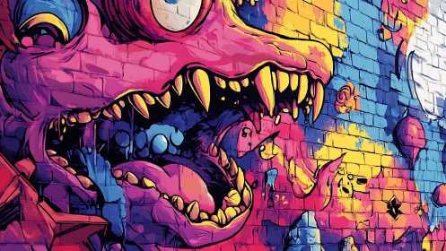 Neon monster graffiti mural across vivid brick wall.