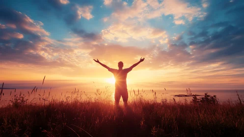 Silhouette person welcomes sunrise over calm coastal horizon.
