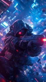 Neon-eyed cyber hunter diving through electric city gunfire.