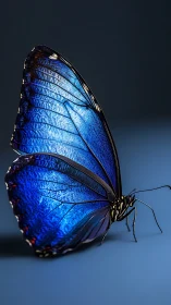 Blue butterfly side profile on smooth dark surface.