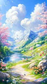 Mountain valley river landscape with spring blossoms shown.