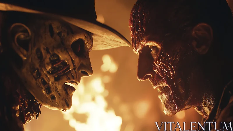 Burned horror figures confront amid blazing firelight.