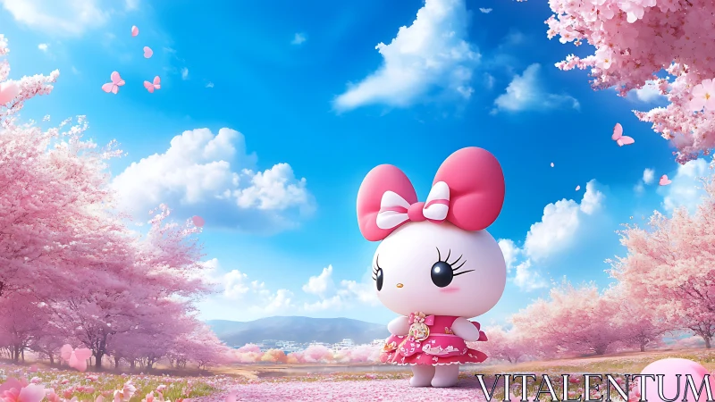 Cute bunny character in pink dress under cherry blossoms.