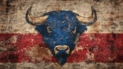Textured blue bison head illustration on distressed tricolor field