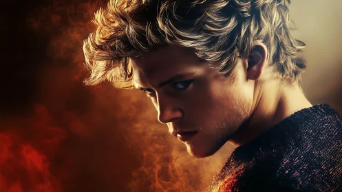 Smoldering young portrait glows in dramatic firelit mist