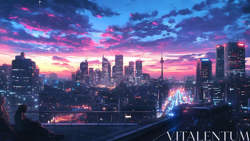 Neon dusk skyline with quiet rooftop dreamers above traffic.