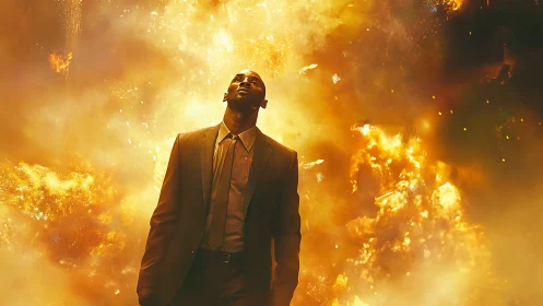 Suit-clad dreamwalker strolling through molten sunrise firestorm.