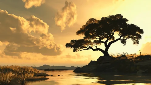 Golden sunset gently cradles a lone tree by the water