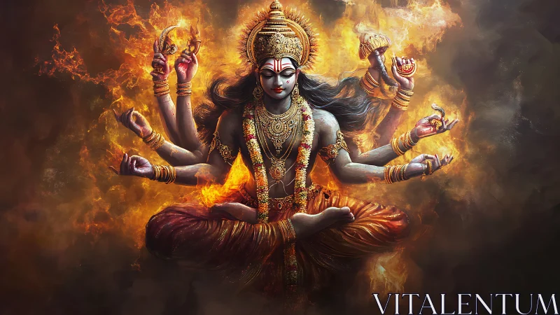 Fiery multi-armed Hindu goddess in ornate gold regalia