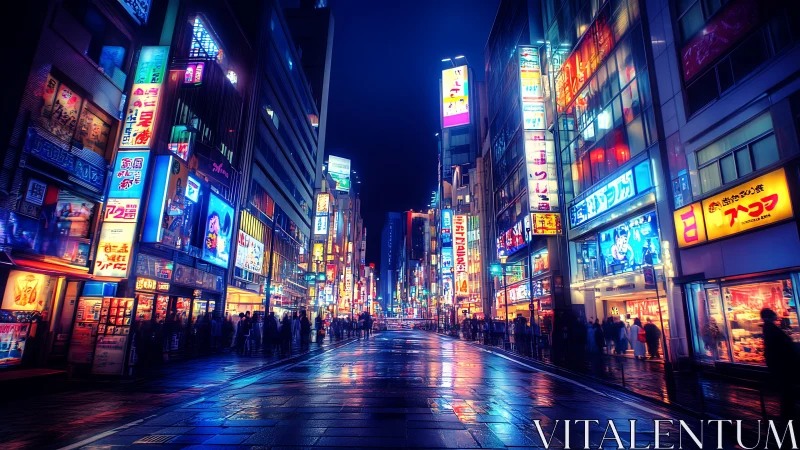 Neon drenched Tokyo street under glowing night rain.