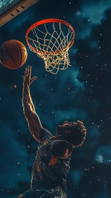 Dynamic low-angle basketball layup against stylized night sky