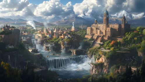 Cascading river citadel beneath stratocumulus-veiled ranges.