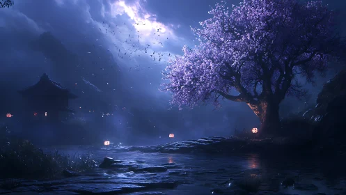 Moonlit cherry blossom tree illuminates foggy riverside shrine