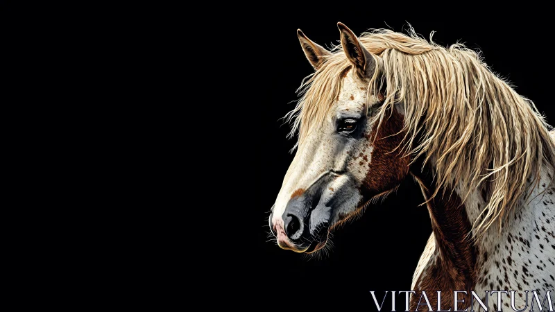 Spotted horse side profile on black isolated studio background.