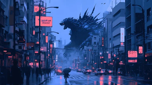 Giant reptilian creature in rainy neon urban street scene.
