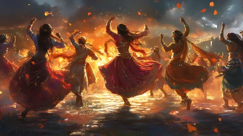 Joyful firelit festival dancers in swirling colorful skirts.