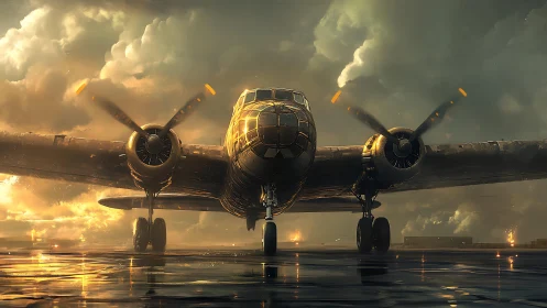 Stormlit warbird taxiing through molten twilight sky.