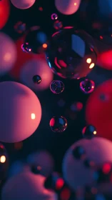 Floating glossy spheres show colored reflections in darkness