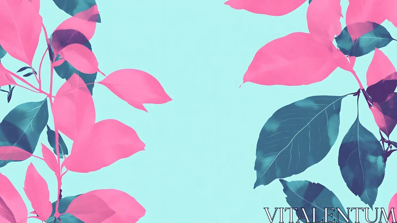 Pink and teal botanical leaves on bright blue background.
