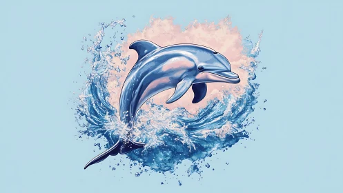 Dolphin emerging from stylized water splash on blue field.