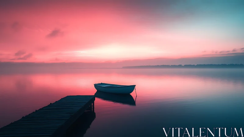 Rowboat floats beside wooden pier on pink blue lake
