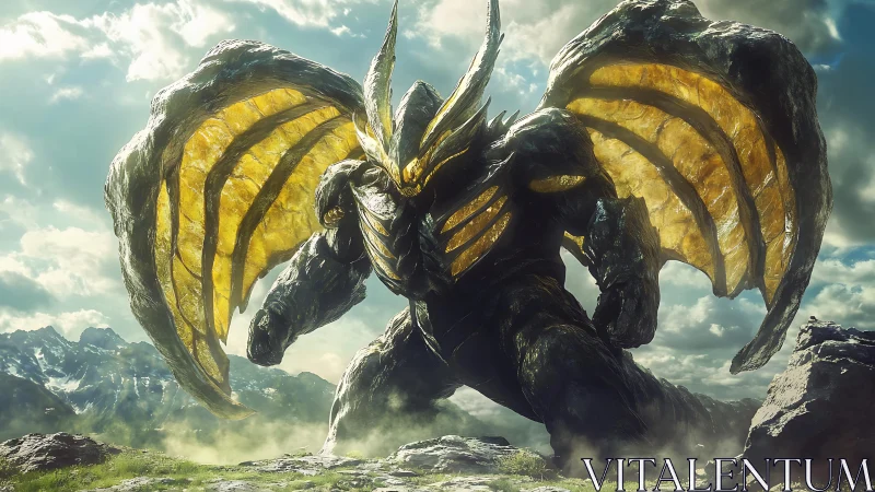 Winged rock-armored monster stands in sunlit mountain valley