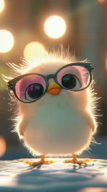 Fluffy Chick Wearing Retro Sunglasses Against Warm Bokeh Lights.
