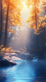 Sunlit autumn gorge with luminous blue forest river.
