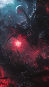 Hostile cosmic vortex around planet with red energy core.