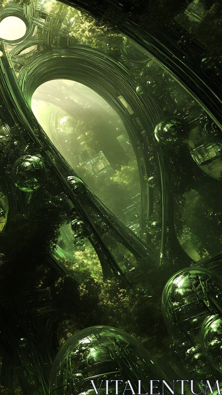 Green metallic arches enclose dense illuminated forest volumes