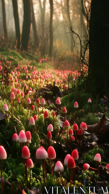 Backlit bioluminescent-style mushrooms in dense mossy forest.