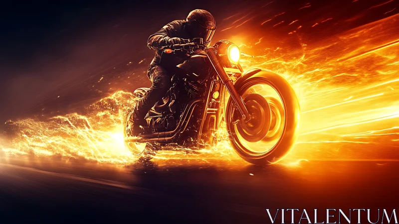 Flaming street motorcycle tearing through molten light trail.