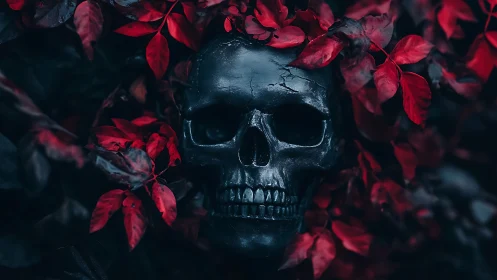 Black skull rests among crimson leaves in moody shadow.