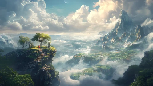 Contemplative Figure on Misty Cliff Overlooking Floating Islands.