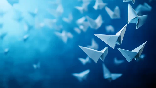 Origami paper birds in dynamic blue depth of field scene.