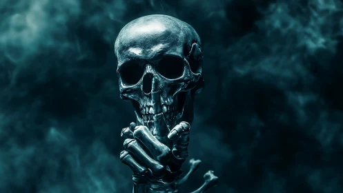 Silent skull oracle in teal fog whispers forbidden secrets.