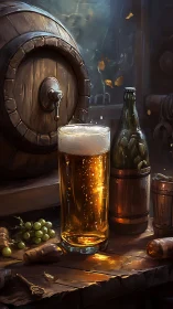 Foam-lit tavern ale glows beside an old oak barrel.