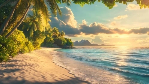 Tropical Paradise Beach at Golden Sunset Hour
