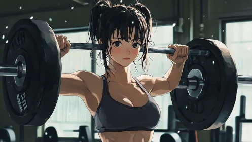 Anime woman lifting barbell in focused gym workout.